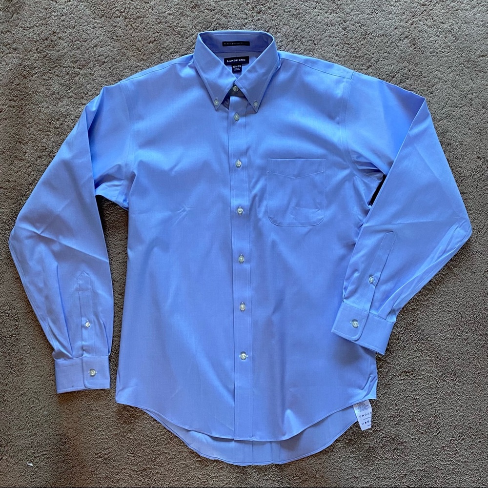 MENS, LANDS END, button up. NWOT. Still has the plastic under collar. Lgt blue